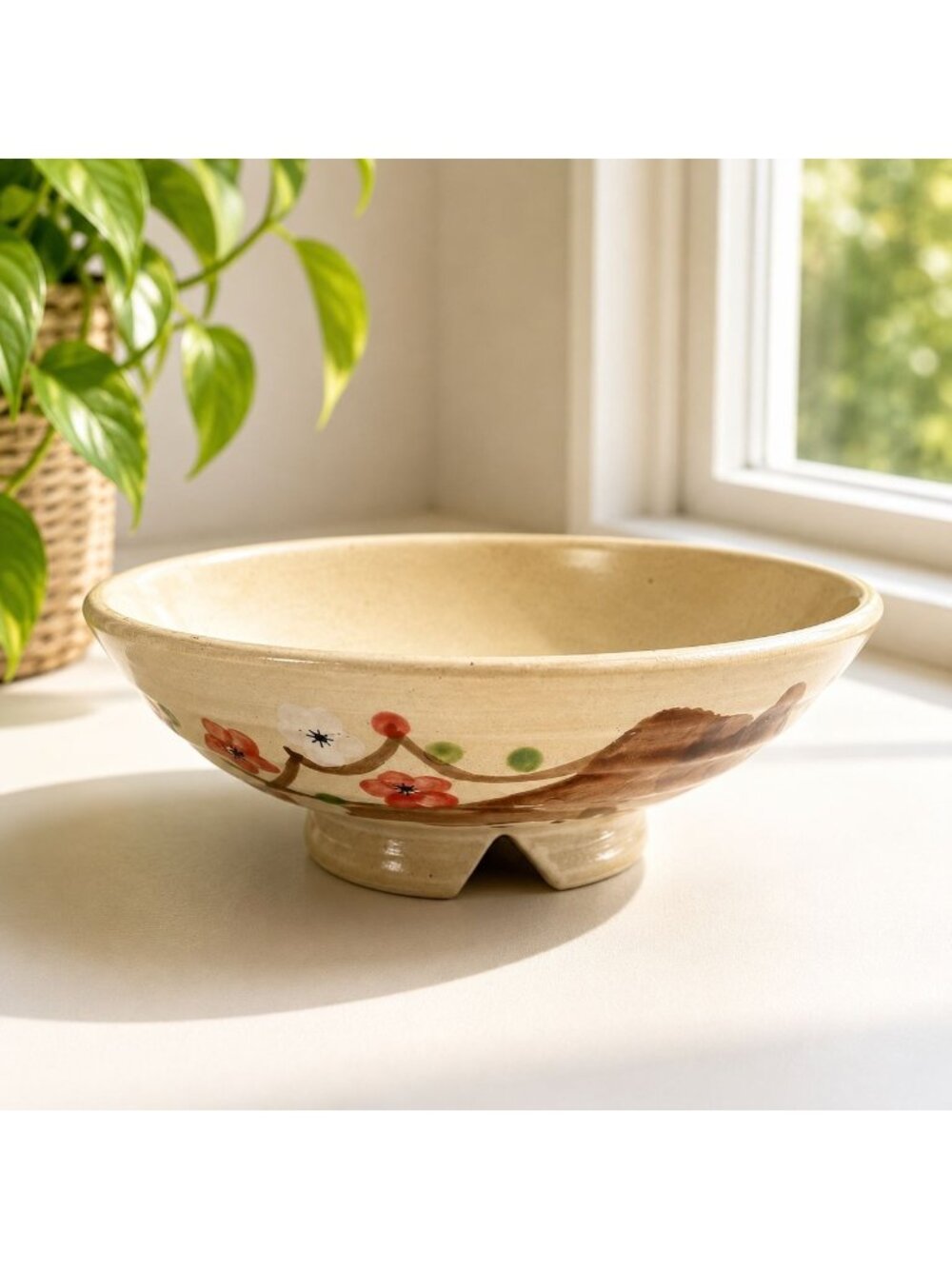 Hand-Painted Ceramic Bowl With Floral Design & Pedestal Base - 9" Diameter 3.5"